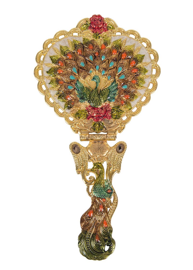Nerien Antique Mirror Comb Set - Vintage Metal Embossed Rose Handheld & Tabletop Stand Makeup Mirror - Peacock Heart-Shaped - Gold - Image 2